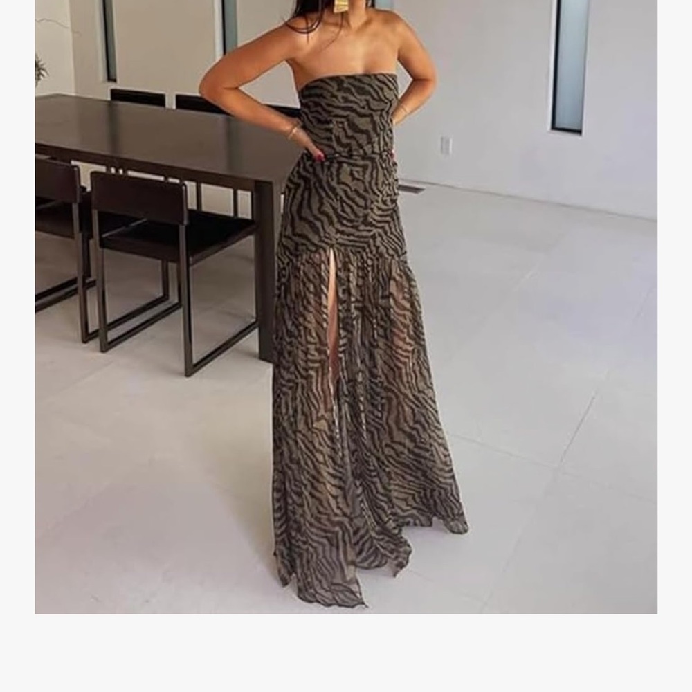 Brown and Black Animal Print Strapless Maxi Dress - Picture 3 of 3